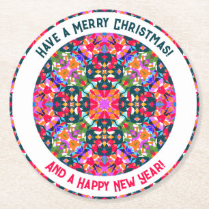 Custom Merry Colourful Modern Christmas Party Round Paper Coaster