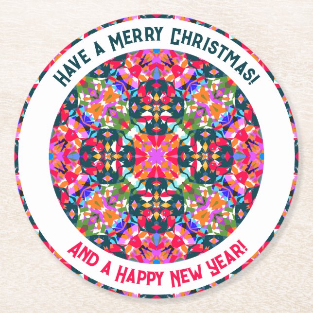 Custom Merry Colourful Modern Christmas Party Round Paper Coaster (Front)