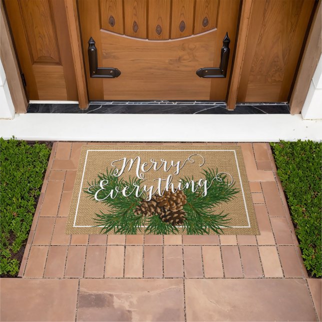 Custom Merry Everything On Faux Burlap Cabin Doormat (Outdoor)