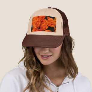 Custom Mesh Back-Cap Orange Rose Printed Brown Trucker Hat