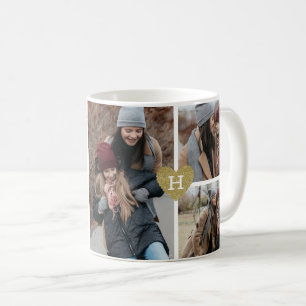 Custom Message 3 Photo Collage Gold Heart Monogram Coffee Mug