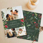 Custom Message 3 Photo Green Botanical Christmas Holiday Card<br><div class="desc">This collection features watercolor red florals,  berries & winter greenery with modern & elegant typography,  with a winter botanical pattern back.</div>