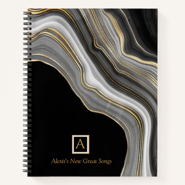 Custom Message and Monogram, Agate Gold Grey Black Notebook (Front)