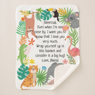 Custom Message Baby Name Safari Animals Borders Sherpa Blanket