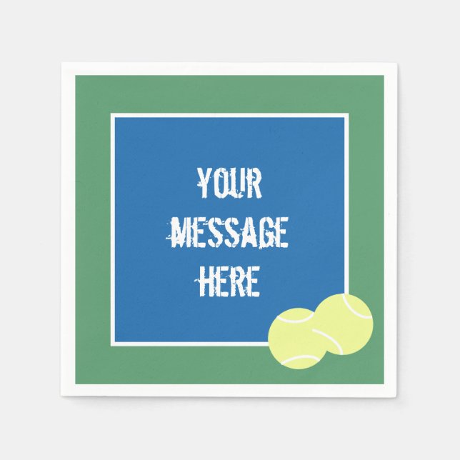 Custom Message Blue Tennis Court with Yellow Balls Napkin (Front)