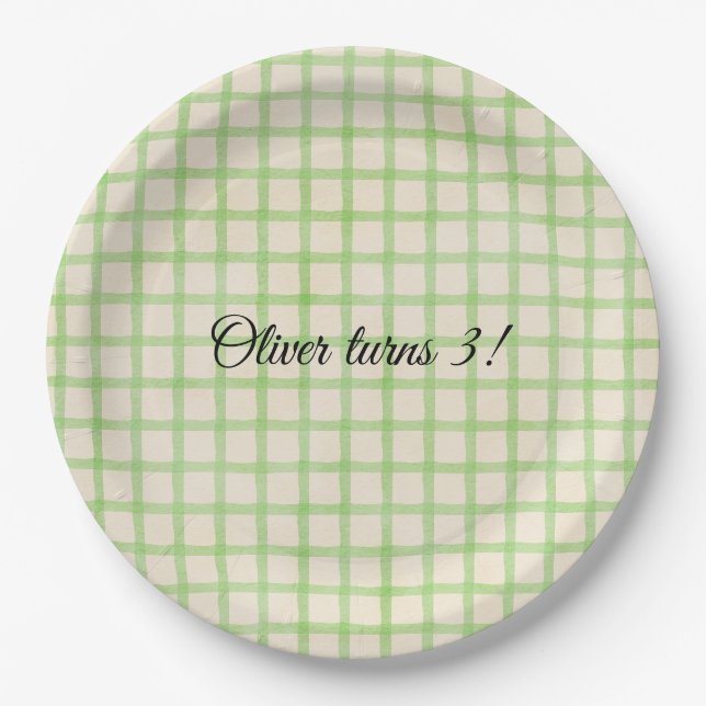 Custom message green gingham pattern  paper plate (Front)