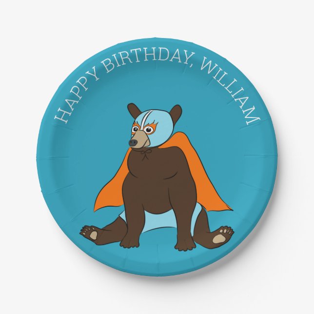 Custom Message Mexican Wrestler Luchador Bear Paper Plate (Front)
