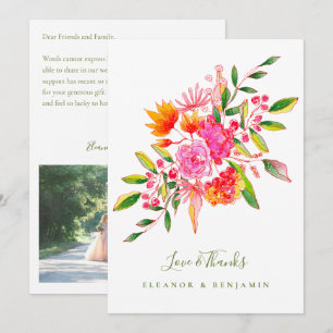 Custom Message Pink Green Floral Photo Wedding Thank You Card