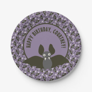 Custom Message Purple, Charcoal Grey Cartoon Bat Paper Plate