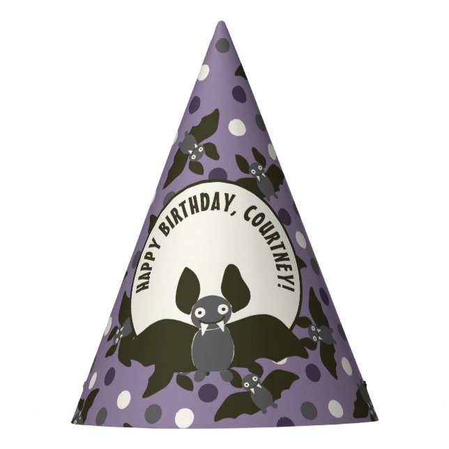 Custom Message Purple, Charcoal Grey Cartoon Bat Party Hat (Front)