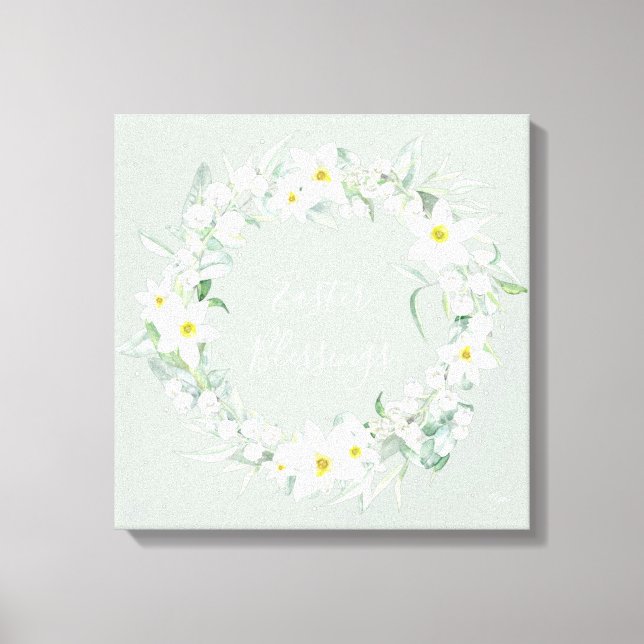 Custom Message White Floral Easter Wreath Canvas Print (Front)