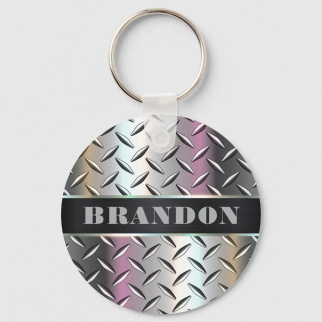 Custom Metal Chrome Diamond Plate Keychain (Front)