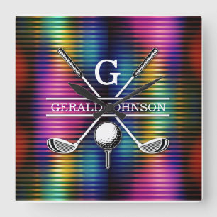 Custom Metallic Colourful Golf Monogram Design Square Wall Clock