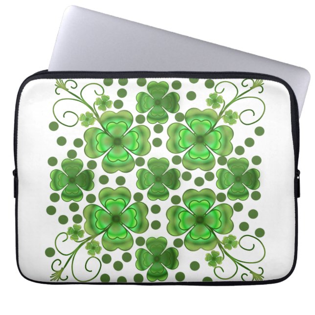 Custom Metallic Green Clover & Swirl Pattern  Laptop Sleeve (Front)