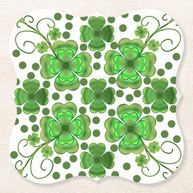 Custom Metallic Green Clover & Swirl Pattern  Paper Coaster (Front)