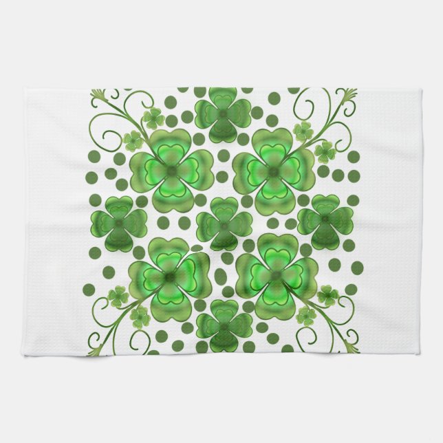 Custom Metallic Green Clover & Swirl Pattern  Tea Towel (Horizontal)