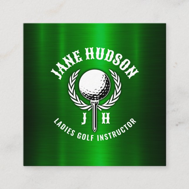 Custom Metallic Green Golf Monogram Design Square Business Card (Front)
