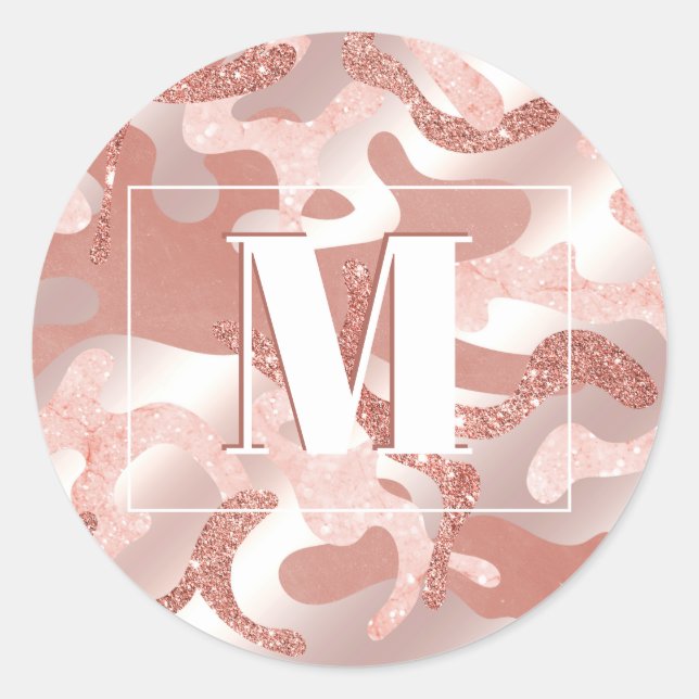 Custom Metallic Rose Gold Glitter Pink Marble Camo Classic Round Sticker (Front)