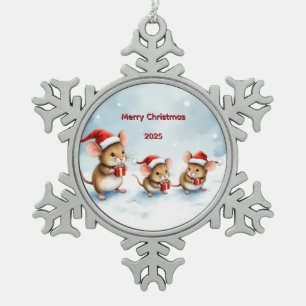 Custom Mice Family Christmas Snowflake Pewter Christmas Ornament