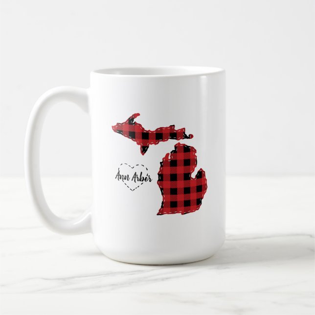 Custom Michigan Home State Buffalo Plaid Christmas Coffee Mug (Left)