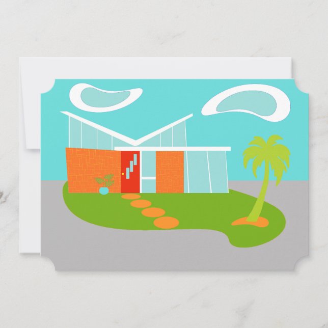 Custom Mid Century Modern Cartoon House Invitation (Front)
