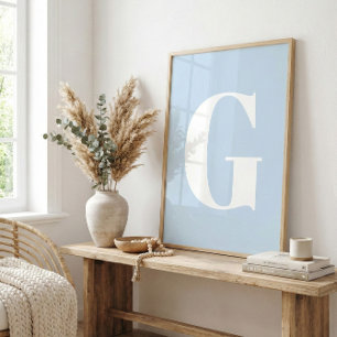 Custom Mid Century Retro Letter Initial Icy Blue Poster
