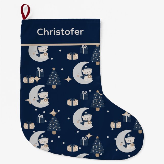 Custom Midnight Christmas | Navy, Silver & Gold  Large Christmas Stocking (Front)