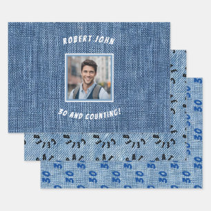 Custom Milestone Golden Birthday Denim Wrapping Paper Sheet