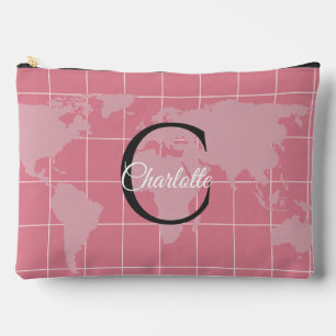 Custom Millennial Pink World Map Monogram Name Accessory Pouch