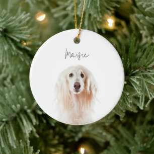 Custom Minimal Dog Photo Name Keepsake Christmas Ceramic Tree Decoration