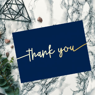 Custom Minimal Modern Script Navy Blue Thank You Foil Holiday Card
