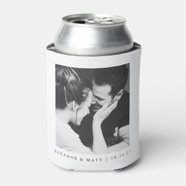 Custom Minimalist Black White Couple Photo Wedding Can Cooler (Can Front)
