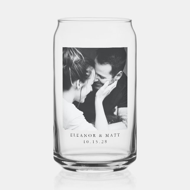 Custom Minimalist Black White Couple Photo Wedding Can Glass (Front)