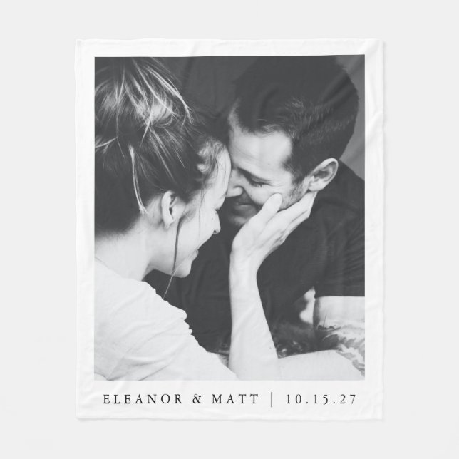 Custom Minimalist Black White Couple Photo Wedding Fleece Blanket (Front)