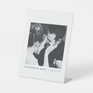 Custom Minimalist Black White Couple Photo Wedding Pedestal Sign