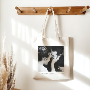 Custom Minimalist Black White Couple Photo Wedding Tote Bag