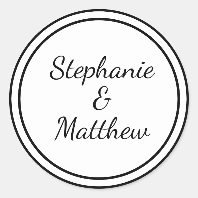 Custom Minimalist Black White Wedding Bride Groom  Classic Round Sticker (Front)