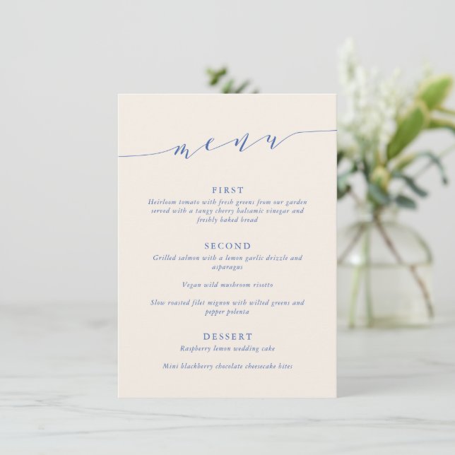 Custom Minimalist Classic Blue Wedding Dinner Menu (Standing Front)