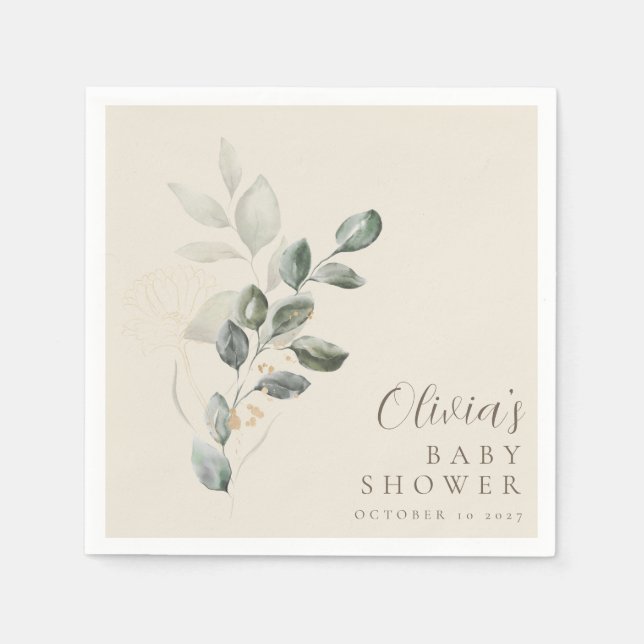 Custom Minimalist Gold Greenery Baby Shower Napkin (Front)
