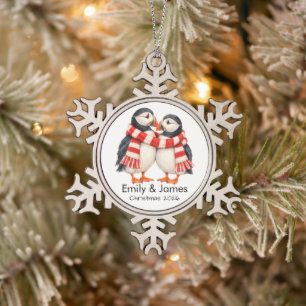 Custom Minimalist Puffin Christmas Snowflake Pewter Christmas Ornament