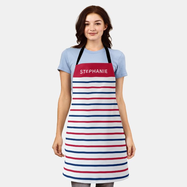 Custom Minimalist Red and Blue Stripes Modern Apron (Worn)