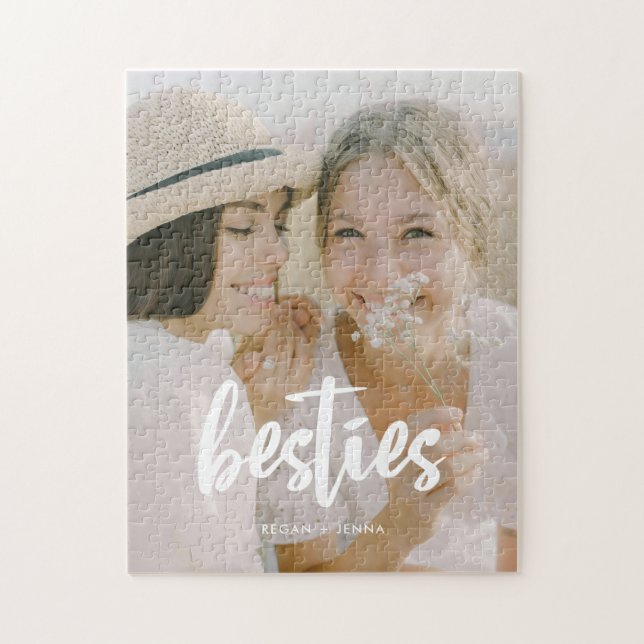Custom Minimalist Script 'Besties' Photo & Names Jigsaw Puzzle (Vertical)