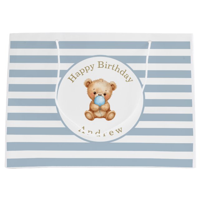 Custom Minimalist Stripes Teddy Bear Large Gift Bag (Front)