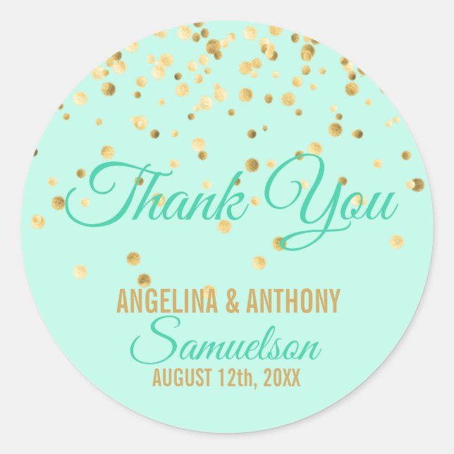 Custom Mint Gold Confetti WEDDING Thank You Classic Round Sticker (Front)
