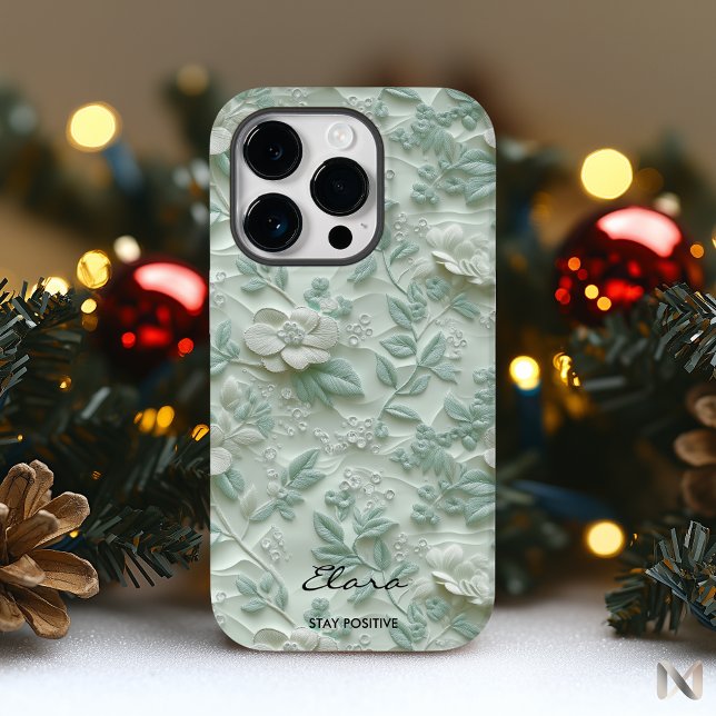 Custom Mint Green Embroidered Floral iPhone Case (Creator Uploaded)