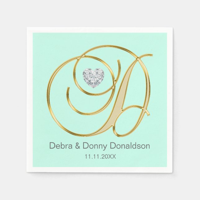 Custom Mint Green Gold Monogrammed D Wedding Napkin (Front)