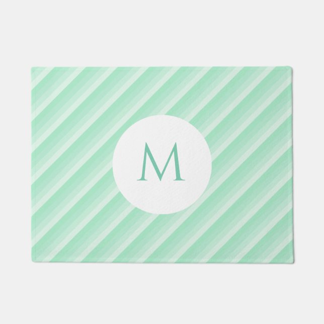 Custom Mint Green Stripes Trendy Modern Monogram Doormat (Front)