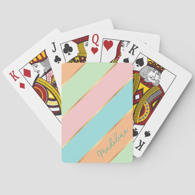 Custom Mint Green Turquoise Blue Pink Gold Stripes Playing Cards (Back)