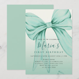 Custom Mint Green Watercolor Bow First Birthday Invitation