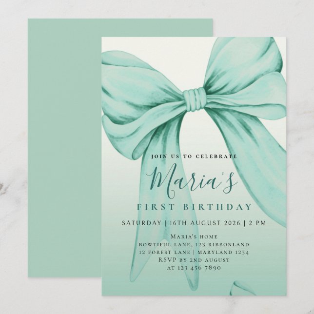 Custom Mint Green Watercolor Bow First Birthday Invitation (Front/Back)